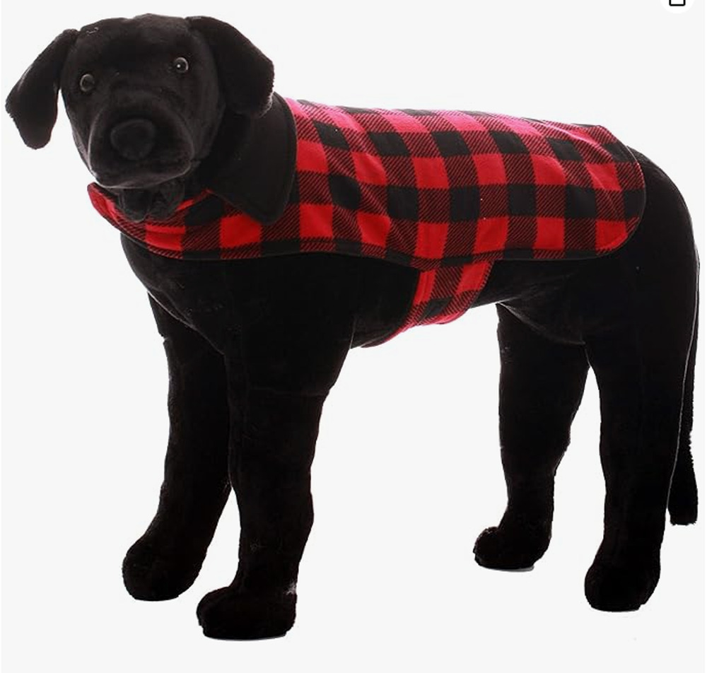 Christmas Dog Sweater 80LB Dog Red/Black Plaid Fleece Straps Attach - NWT